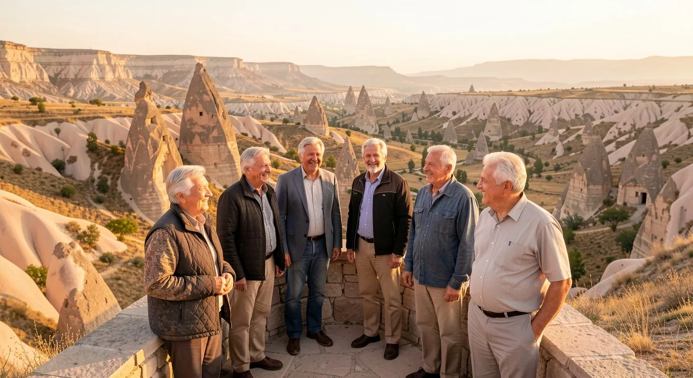 Emekli gezginler Cappadocia vadisinde gün batımında