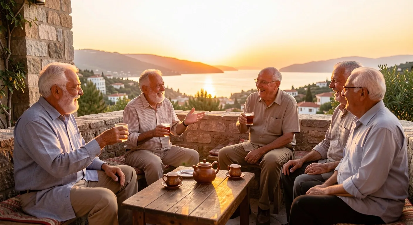 Akşam çayında sohbet eden senior gezgin grubu
